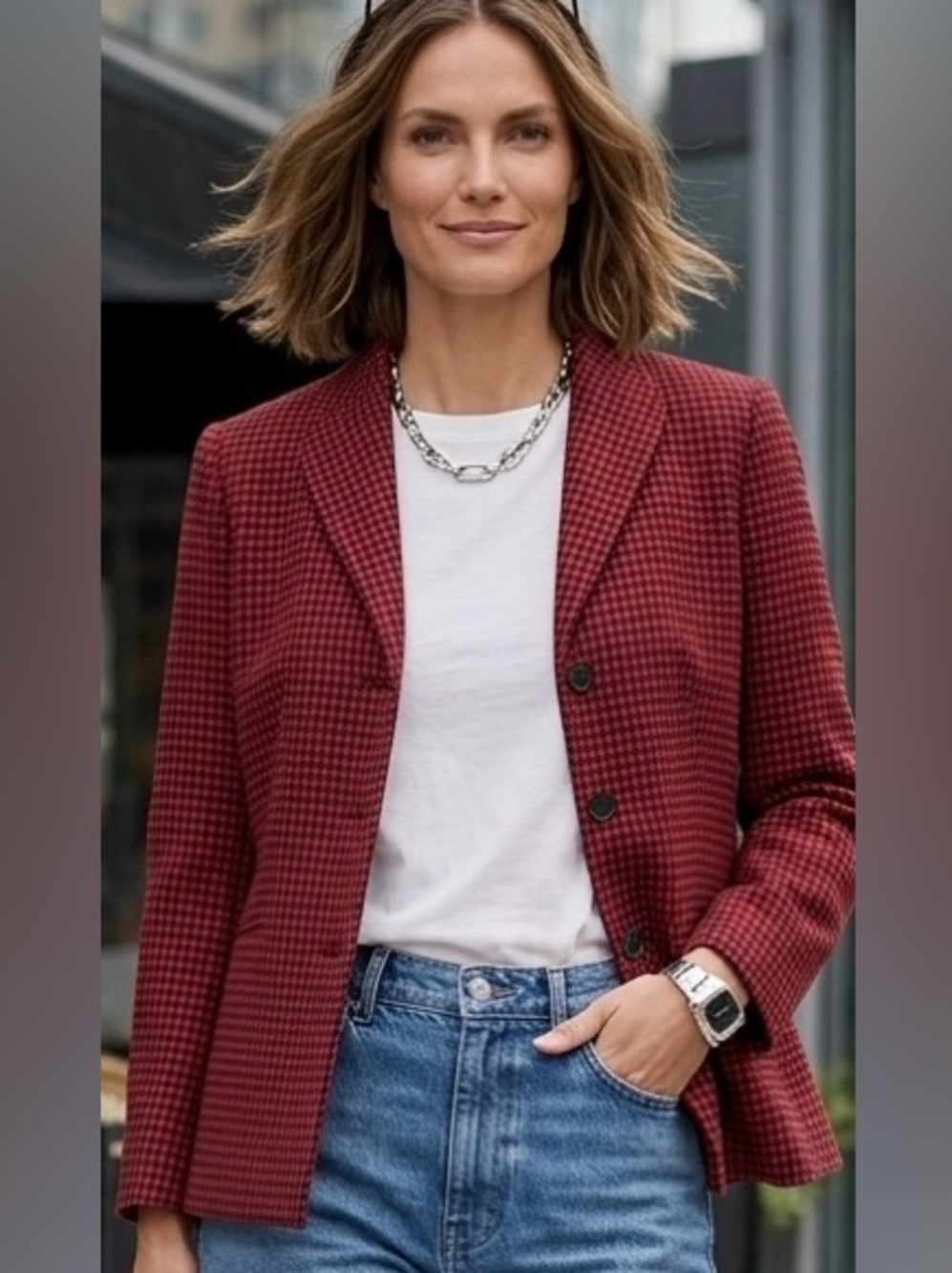 Le Suit Chili Red Textured Geometric Check Blazer - Size 6